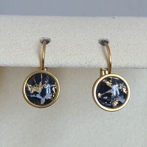 Elegant Hand Crafted Boho Black Gold Gemstone Marble Circle Drop Dangle Earrings